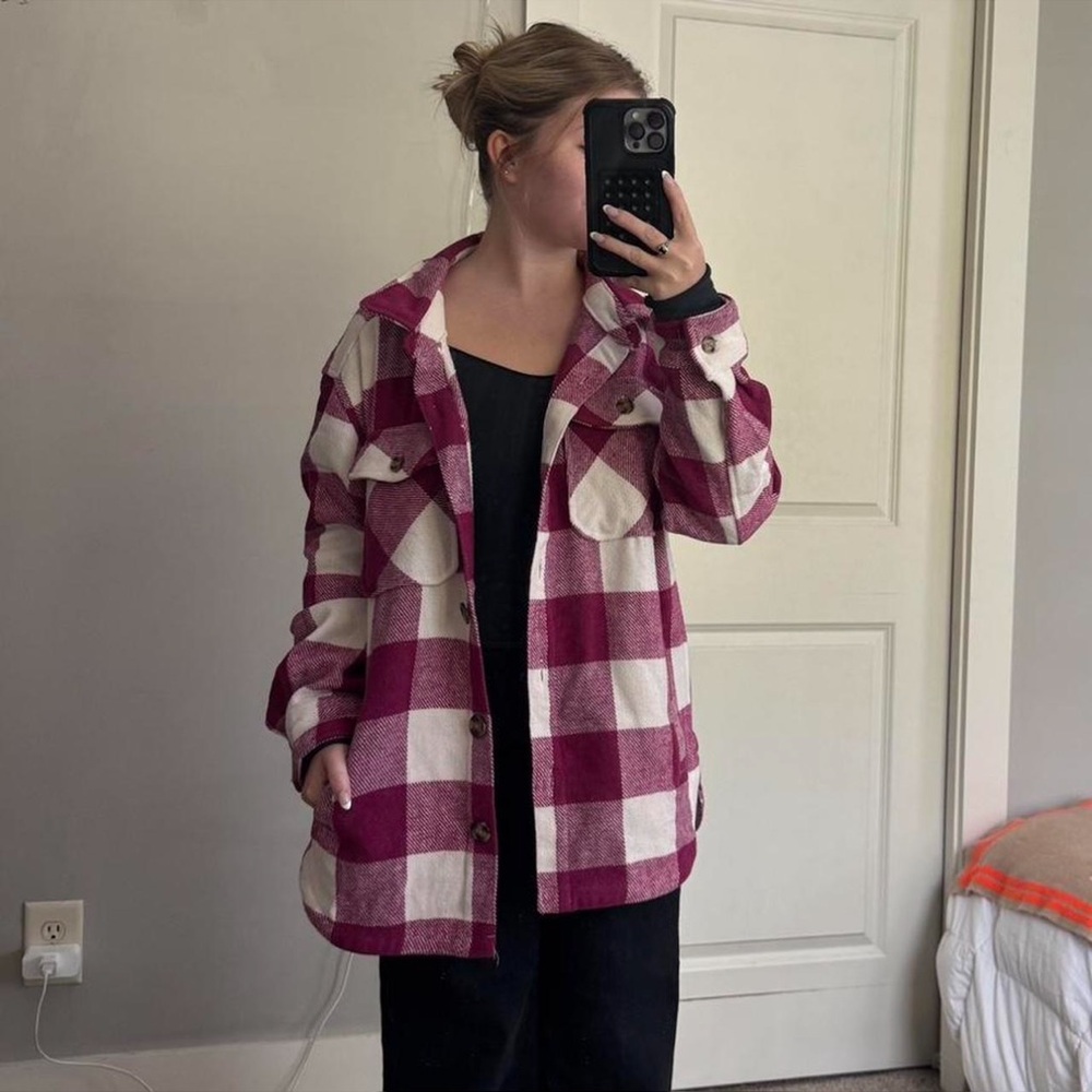 Pink and White Plaid Shacket Jacket